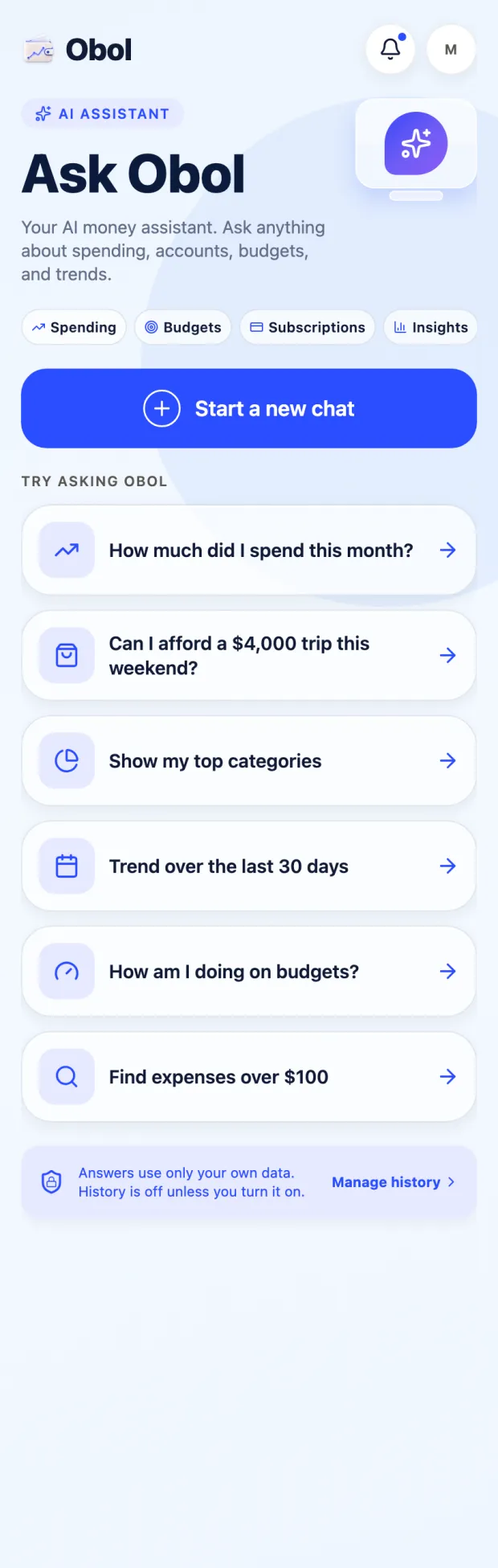 Ask Obol, the in-app assistant answering a question about spending using the user’s own data.