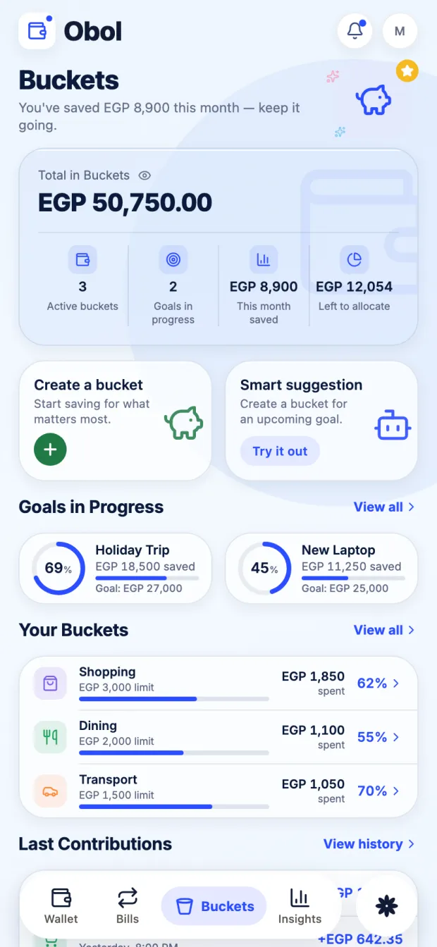 The Obol buckets screen, splitting a monthly budget into named spending pots.