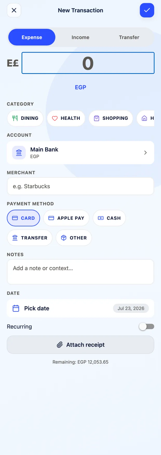 The Obol new-transaction form: expense, income or transfer, an amount in EGP, category chips, account, merchant, payment method, notes, date and an attach-receipt button.