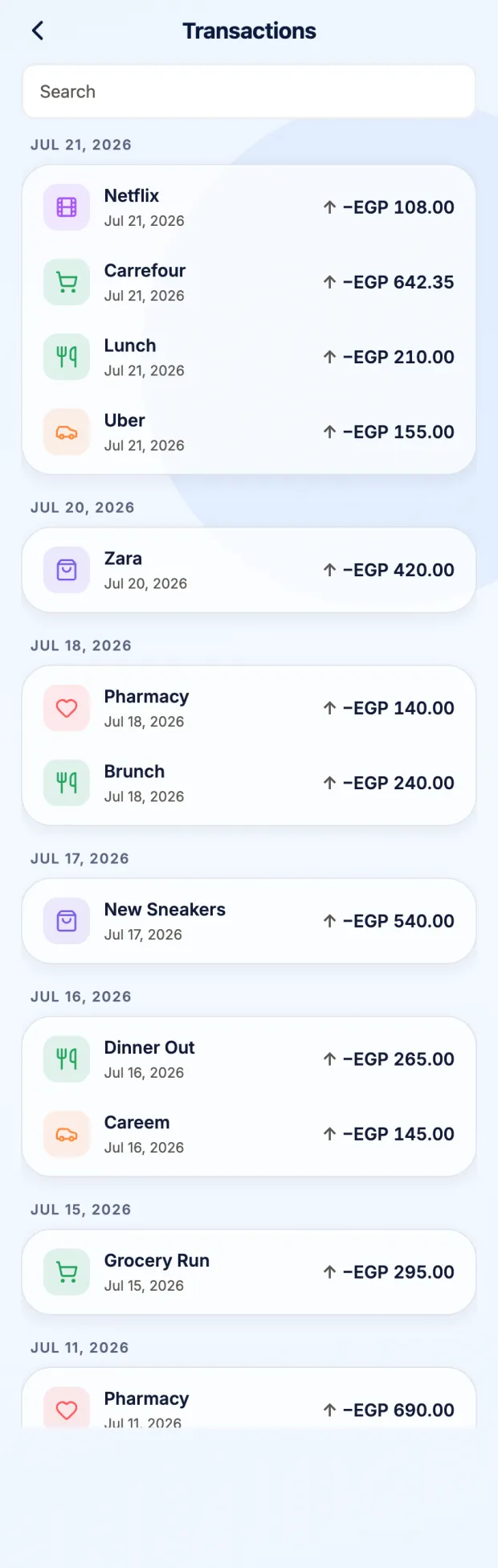 The Obol transactions list, grouped by date, each row showing merchant, category icon and amount.
